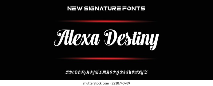 Alexa Destiny Hand drawn calligraphic vector monoline font. Distress signature letters. Modern script calligraphy type. ABC typography latin signature alphabet.