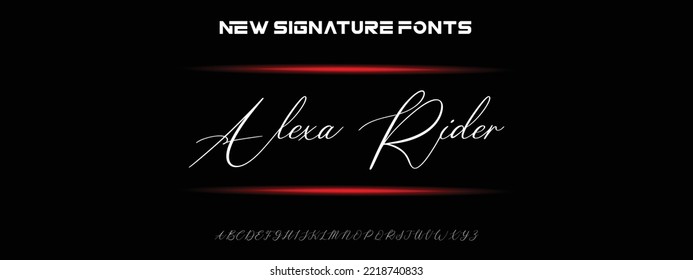 Alexa Rider Hand gezeichnet kalligraphische Vektormonoline Schriftart. Signaturbriefe für Notfälle. Moderner Schriftzeichen-Kalligrafietyp. ABC Typografie lateinische Beschriftung Alphabet.