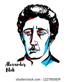 Alexander Blok engraved vector portrait with ink contours. Russian lyrical poet.