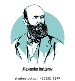 Alexander Butlerov is a Russian chemist, academician, honored professor, creator of the theory of chemical structure of organic substances. Hand-drawn vector illustration