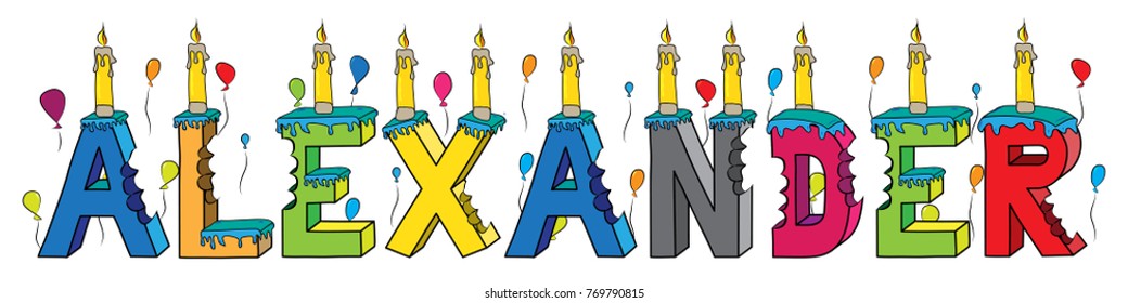 Alexander first name bitten colorful 3d lettering birthday cake with candles and balloons.