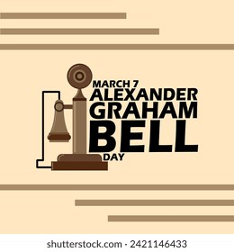 Alexander Graham Bell Day event banner. An old classic telephone and bold text on light brown background to celebrate on March 7