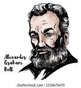 Alexander Graham Bell watercolor vector portrait with ink contours. Scottish-born scientist, inventor, engineer, and innovator