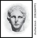 Alexander the Great portrait bust pen sketch illustration. Military commander. Poster, Wall Decoration, Postcard, Social Media Banner, Brochure Cover Design Background. Vector Pattern.