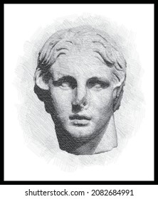Alexander the Great portrait bust pen sketch illustration. Military commander. Poster, Wall Decoration, Postcard, Social Media Banner, Brochure Cover Design Background. Vector Pattern.