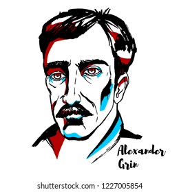 Alexander Grin engraved vector portrait with ink contours. Russian writer, notable for his romantic novels and short stories.