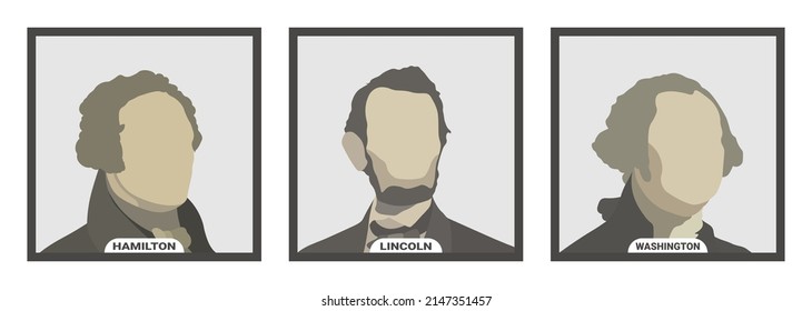 Alexander Hamilton, Abraham Lincoln and George Washington, politicians and Presidents of the United States of America. Stylized vector portraits on white background