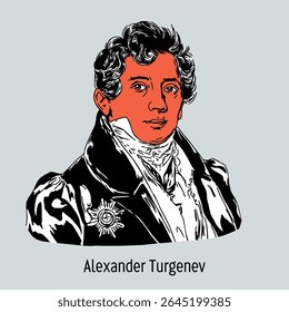 Alexander Ivanovich Turgenev was a Russian historian, publicist and civil servant; brother of the Decembrist Nikolai and poet Andrei Turgenev. Hand-drawn vector illustration