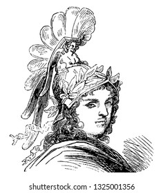 Alexander, the king of Macedonia was the subject of prodigious legends at the Orientals who was taught magic by Aristotle, vintage engraved line art illustration. Infernal Dictionary 1863.