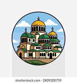 Alexander Nevsky Cathedral in Sofia Bulgaria Circular Travel Destination Illustration Featuring Historic Orthodox Architecture and European Tourism Landmark Badge Icon