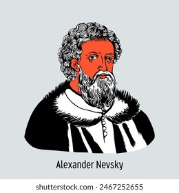 Alexander Nevsky - Prince of Novgorod, Grand Duke of Kiev, Grand Duke of Vladimir, military leader, saint of the Russian Orthodox Church. Hand-drawn vector illustration