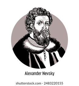 Alexander Nevsky - Príncipe de Novgorod, Gran Duque de Kiev, Vladimir, líder militar, santo de la Iglesia Ortodoxa Rusa. Ilustración vectorial dibujada a mano