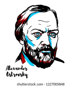 Alexander Ostrovsky engraved vector portrait with ink contours. Russian playwright, generally considered the greatest representative of the Russian realistic period.