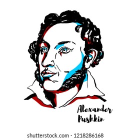 Alexander Pushkin engraved vector portrait with ink contours. Russian poet, playwright, and novelist of the Romantic era, the founder of modern Russian literature.