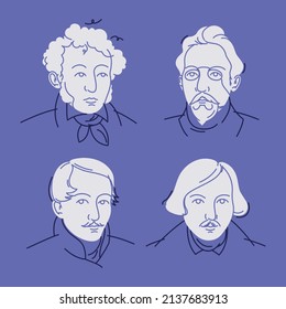 Alexander Puschkin, Nikolai Gogol, Anton Tschechow, Michail Lermontow. Vektorporträts großer russischer Schriftsteller. Formen und Linien. 