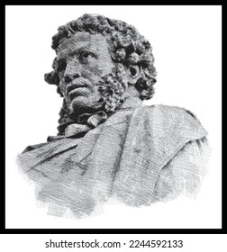 Alexander Pushkin portrait bust pen sketch illustration. Russian writer and poet. Poster, Wall Decoration, Postcard, Social Media Banner, Brochure Cover Design Background. Vector Pattern.