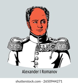 Alexander I Romanov — Emperor of All the Russias, Grand Duke of Finland, Tsar of Poland. Hand drawn vector illustration