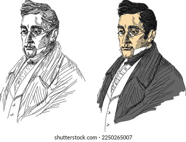 Alexander Sergeevich Griboyedov - russian poet. Hand drawing, vector, line art portrait