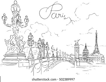 Alexander third bridge in Paris vector sketch. 