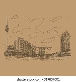 Alexanderplatz, Berlin, Germany. Vector hand drawn sketch.