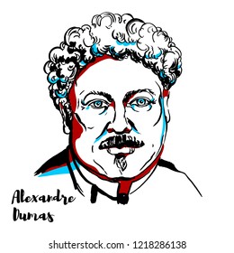 Alexandre Dumas engraved vector portrait with ink contours. Famous french writer, author of The Count of Monte Cristo & The Three Musketeers.