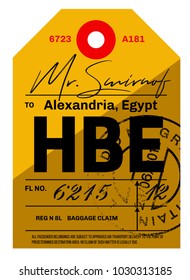 Alexandria airport luggage tag. Realistic looking tag with stamp and information written by hand. Design element for creative professionals.