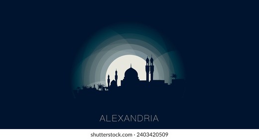 
Alexandria cityscape skyline city panorama vector flat modern banner illustration. Egypt region emblem idea with landmarks and building silhouettes at sunrise sunset night