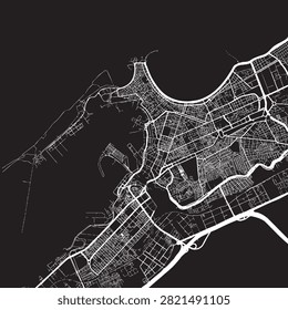 Alexandria in Egypt City Map Vector Artwork – Minimalist Dark Mode Black and White Uruguay Urban Street Network, Port Bay, and Rambla Coastline Illustration 