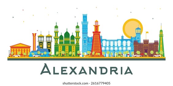 Alexandria Egypt City Skyline with Color Buildings isolated on white. Vector Illustration. Business Travel and Tourism Concept with Historic Architecture. Alexandria Cityscape with Landmarks.