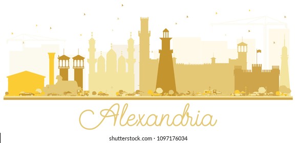 Alexandria Egypt City Skyline Golden Silhouette. Vector illustration. Simple flat concept for tourism presentation, banner, placard or web site. Business travel concept. Cityscape with landmarks
