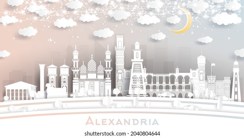 Alexandria Egypt City Skyline in Paper Cut Style with White Buildings, Moon and Neon Garland. Vector Illustration. Travel and Tourism Concept. Alexandria Cityscape with Landmarks.