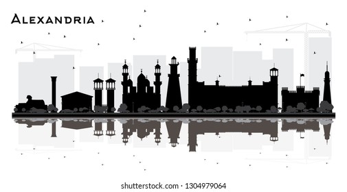 Alexandria Egypt City Skyline Silhouette with Black Buildings and Reflections Isolated on White. Vector Illustration. Tourism Concept with Historic Architecture. Alexandria Cityscape with Landmarks.