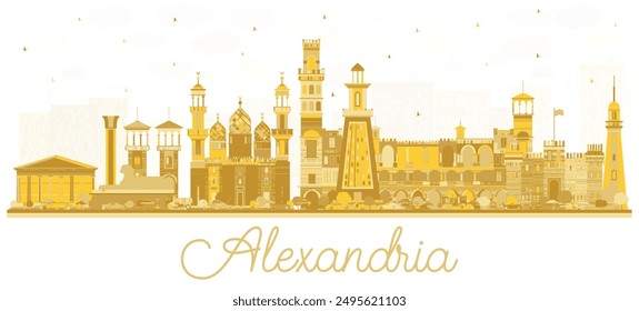 Alexandria Egypt City Skyline silhouette with golden Buildings Isolated on White. Vector Illustration. Travel and Tourism Concept with Historic Architecture. Alexandria Cityscape with Landmarks.