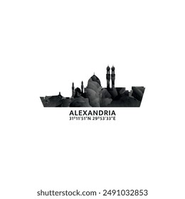 Alexandria panorama, vector badge, skyline logo and icon. Egypt city horizon logotype with landmarks and building silhouettes. Isolated foggy abstract gradient graphic