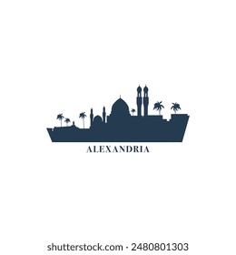 Alexandria skyline, downtown panorama logo, logotype. Egypt port city badge black contour, isolated vector pictogram with mosque, monuments, landmarks, palace