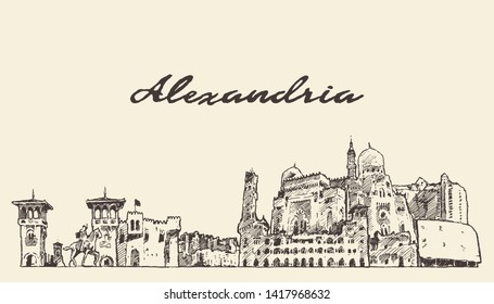 Alexandria skyline, Egypt, hand drawn vector illustration, sketch