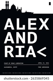 Alexandria typography minimalist vector poster for event, national festival, liberation day, holiday layout. Brochure, leaflet, flyer, presentation monochrome image template with text for Egypt city