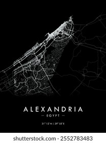 Alexandria vector print map in dark theme. Detailed map of Alexandria in Egypt. Best free vector illustration. Tourist decorative minimalist street map.