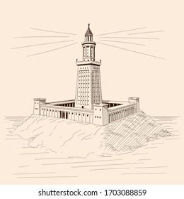 Alexandrian lighthouse shines on the stone shore. Vector sketch wonder of the world.
