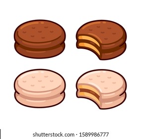 Alfajor chocolate covered cookie set. Traditional Argentinian sandwich cookies filled with dulce de leche. Isolated vector clip art illustration.