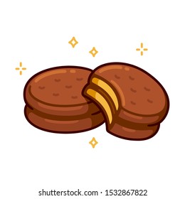 Alfajores, traditional South American chocolate covered cookies with dulce de leche filling. Isolated vector clip art illustration, cute cartoon style drawing.