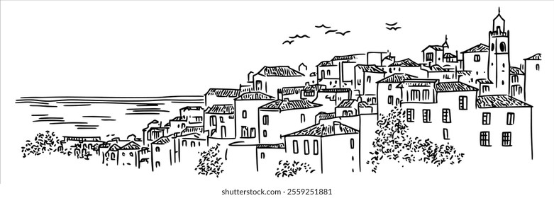 Alfama district in Lisbon overlooking the ocean hand drawing doodle hatching vector sketch