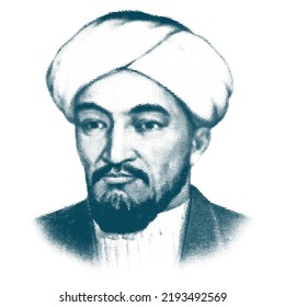 Al-Farabi (872-950) portrait in engraving. He was philosopher, jurist, scientist, cosmologist, mathematician and music scholar who wrotes on politics, metaphysics, ethics, logic.