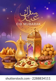 Al-Fitr greeting background with traditional Arabic dishes (kebab, maqluba, samosa), dallah, lantern (fanoos) and calligraphy. Text translation: “Blessed Festival”. Vector.