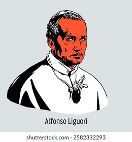 Alfonso Maria de Liguori is a saint of the Catholic Church, a Catholic bishop, theologian, and the founder of the Congregation of the Holy Savior. Vector illustration, hand drawn