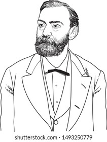 Alfred Bernhard Nobel line art portrait. He was a Swedish businessman, chemist, engineer, inventor, and philanthropist.