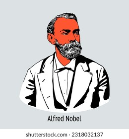 Alfred Nobel was a Swedish chemist, engineer, inventor, entrepreneur, and philanthropist. Hand-drawn vector illustration.