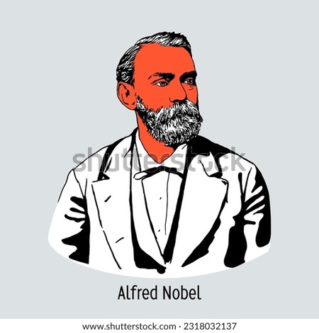 Alfred Nobel was a Swedish chemist, engineer, inventor, entrepreneur, and philanthropist. Hand-drawn vector illustration.