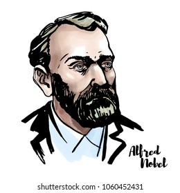 Alfred Nobel watercolor vector portrait with ink contours. Swedish chemist, engineer, inventor, businessman, and philanthropist.
