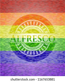 Alfresco on mosaic background with the colors of the LGBT flag